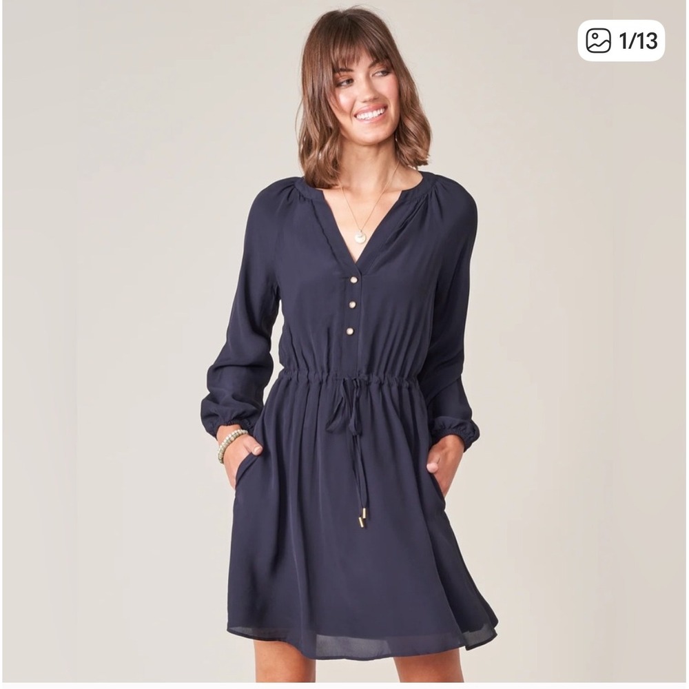 Spartina 449 Navy Blue Long-Sleeve Drawstring Waist Dress